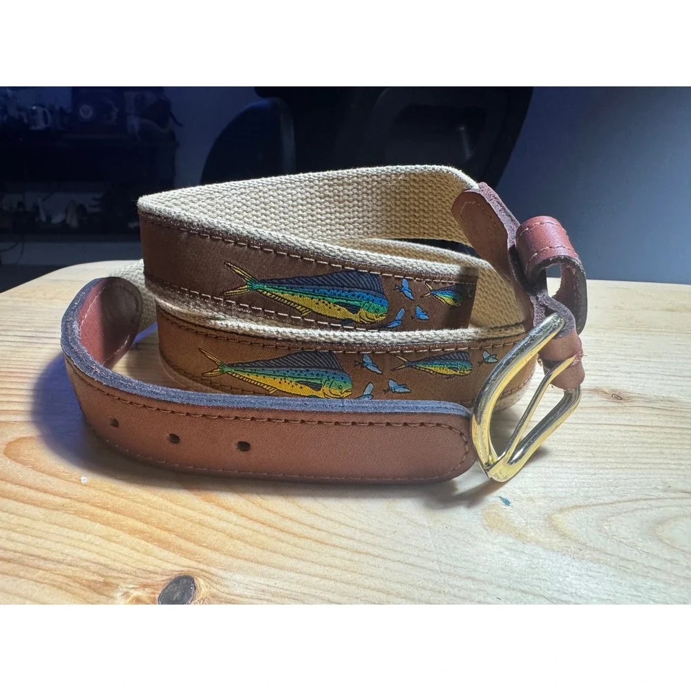 Zep-Pro Mens Mahi Mahi Dolphin Embroidery Leather Canvas Braided Rope Belt Sz 46